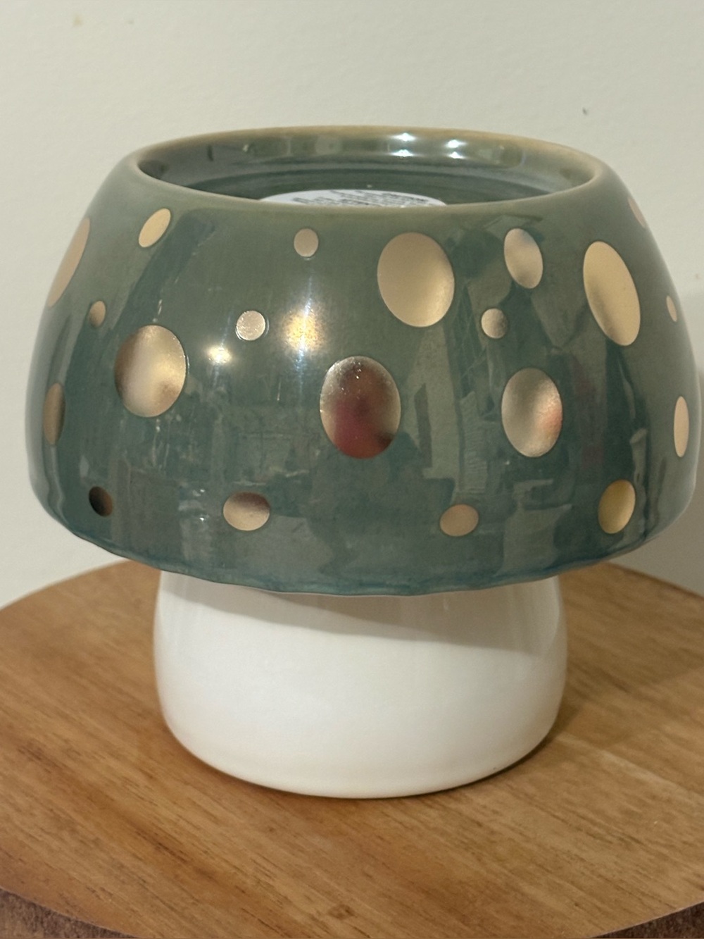 Bath & Body Works Stoneware Green & Gold Mushroom Single Wick Candle Holder